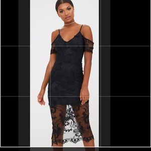 Black lace embroidered off shoulder dress